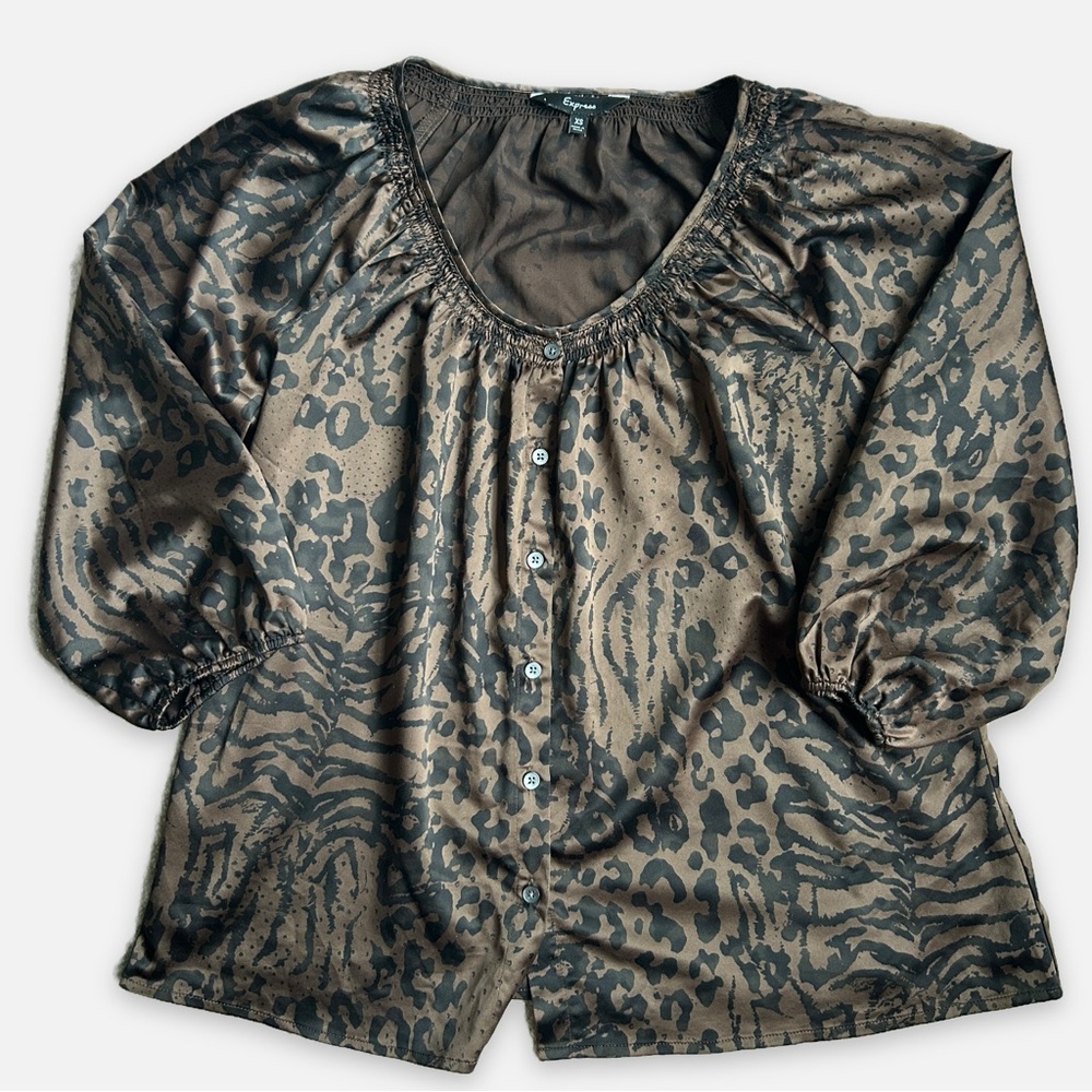 Vintage Express Animal Print Women's Top XS Peasant Blouse Chocolate Brown Black